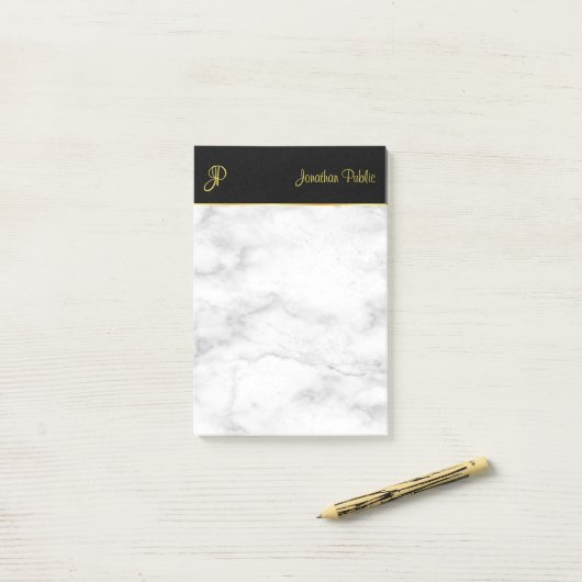 Aangepaste monogram Sjabloon White Marble Black Go Post-it® Notes (Op bureau)