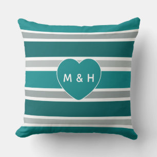 Aangepaste monogram Stripes & Heart-kussen met kus Kussen