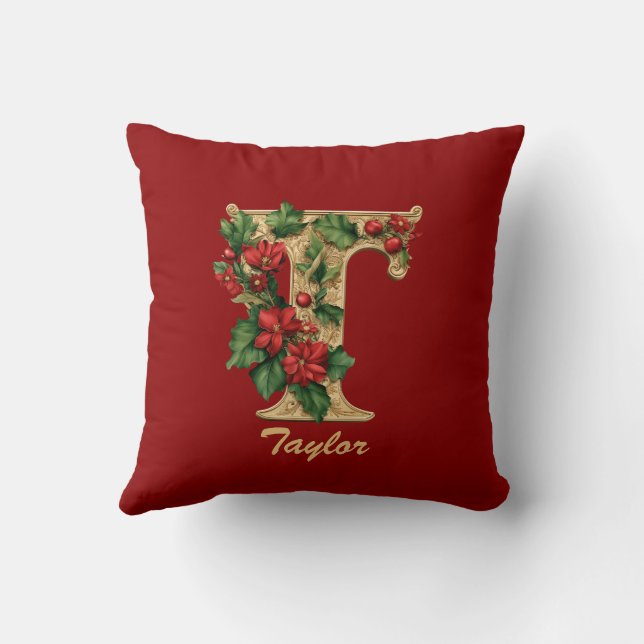 Aangepaste  Monogram T Christmas Red Gold Throw Kussen (Achterkant)