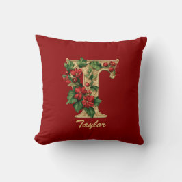 Aangepaste  Monogram T Christmas Red Gold Throw Kussen