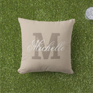 Aangepaste monogram taupe beige buitenshuis werend buitenkussen