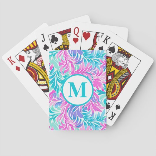 Aangepaste Monogram Teal Roze Bloem Pokerkaarten (Achterkant)