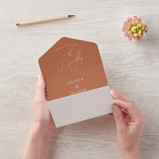 Aangepaste monogram terracotta calligrafie bruilof all in one uitnodiging (VideoVideo)