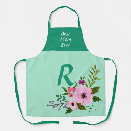 Aangepaste Monogram Thanksgiving Bloemgroen Schort (Voorkant)