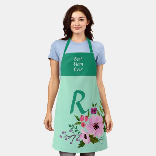 Aangepaste Monogram Thanksgiving Bloemgroen Schort (Gedragen)