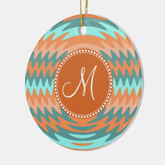 Aangepaste monogram tribaal koraal Aqua Ripples-go Keramisch Ornament (Links)