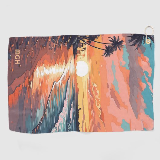 Aangepaste Monogram Tropical Beach Sunset Golfhanddoek (Horizontaal)