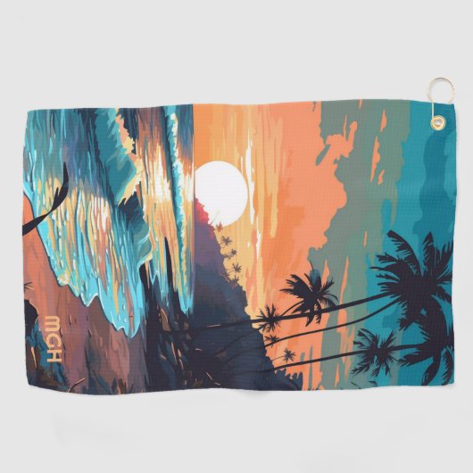 Aangepaste Monogram Tropical Beach Sunset Golfhanddoek (Horizontaal)