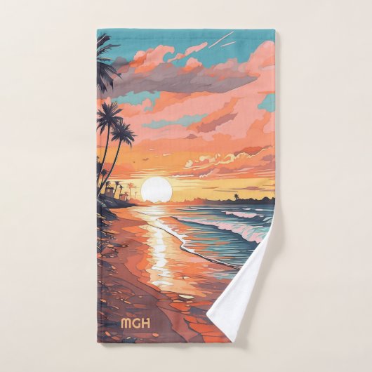 Aangepaste Monogram Tropical Beach Sunset Handdoek (Handdoek)