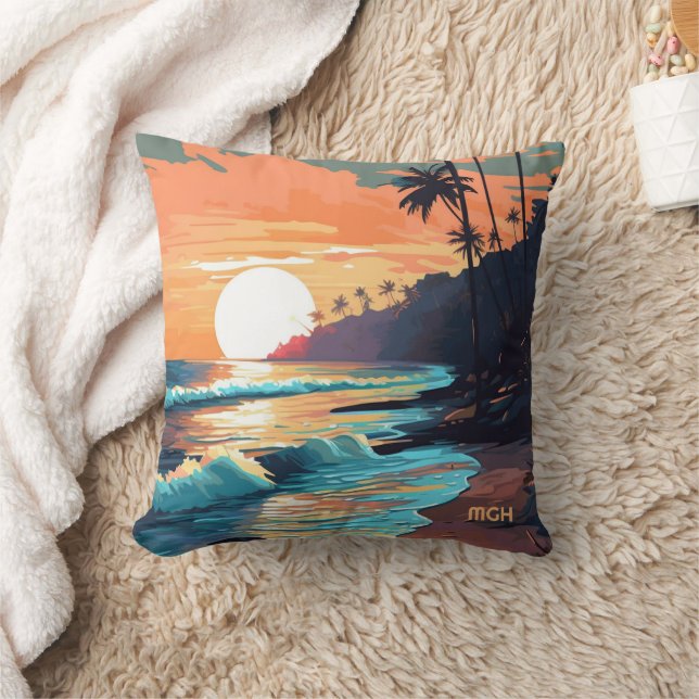 Aangepaste Monogram Tropical Beach Sunset Kussen (Deken)