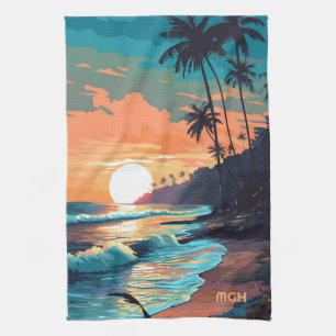 Aangepaste Monogram Tropical Beach Sunset Theedoek