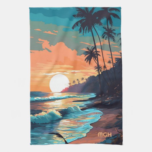 Aangepaste Monogram Tropical Beach Sunset Theedoek (Verticaal)