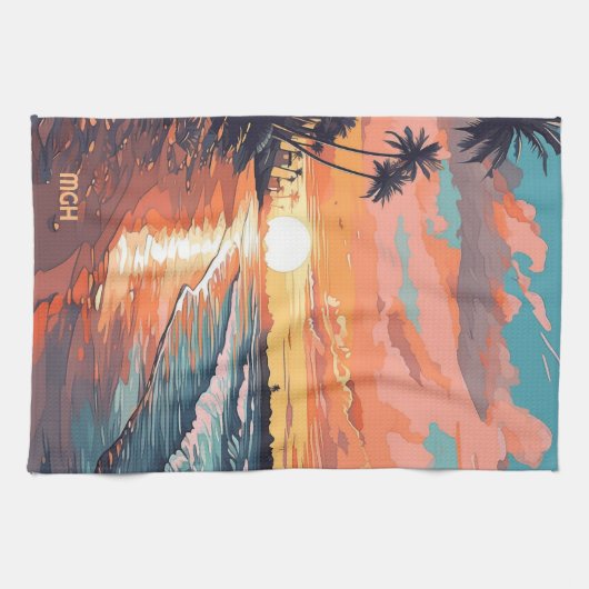 Aangepaste Monogram Tropical Beach Sunset Theedoek (Horizontaal)