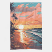Aangepaste Monogram Tropical Beach Sunset Theedoek (Verticaal)