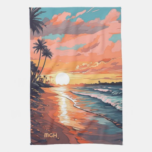Aangepaste Monogram Tropical Beach Sunset Theedoek (Verticaal)