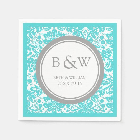 Aangepaste Monogram Trouwservet Aqua Gray Damask Servetten (Voorkant)
