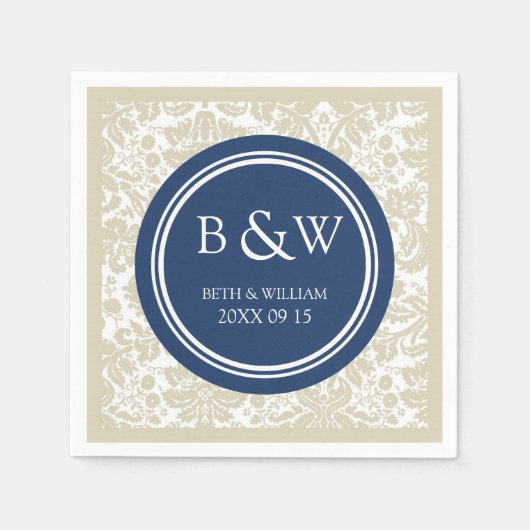 Aangepaste Monogram Trouwservet Beige Blue Damask Servetten (Voorkant)