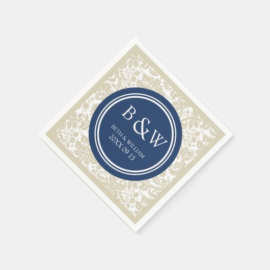 Aangepaste Monogram Trouwservet Beige Blue Damask Servetten (Hoek)