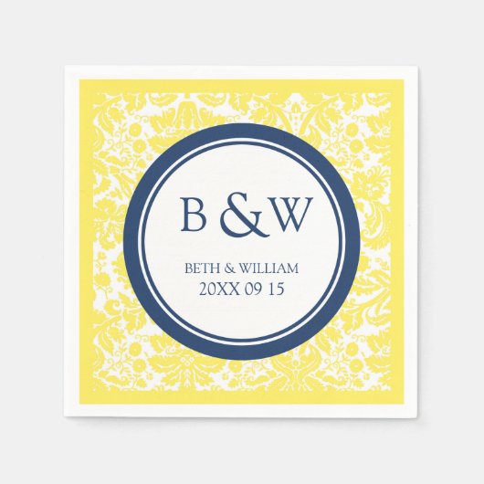 Aangepaste Monogram Trouwservet Geel Blauw Damast Servetten (Voorkant)