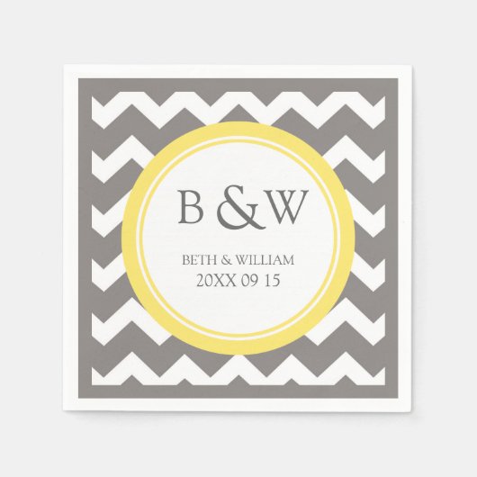 Aangepaste Monogram Trouwservet Geel Grijs Chevron Servetten (Voorkant)