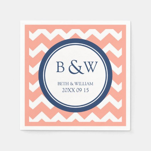 Aangepaste Monogram Trouwservet Koraal Blauw Chevr Servetten (Voorkant)