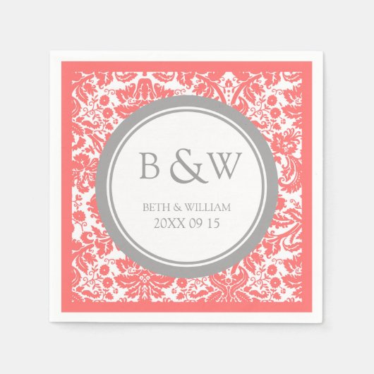Aangepaste Monogram Trouwservet Koraal Grijs Damas Servetten (Voorkant)