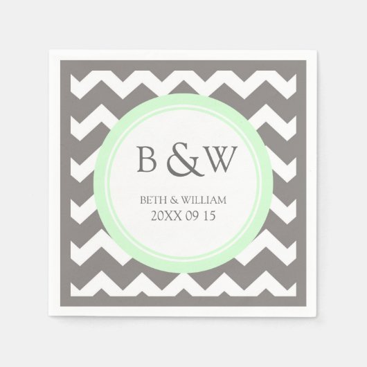 Aangepaste Monogram Trouwservet Mint Grijs Chevron Servetten (Voorkant)