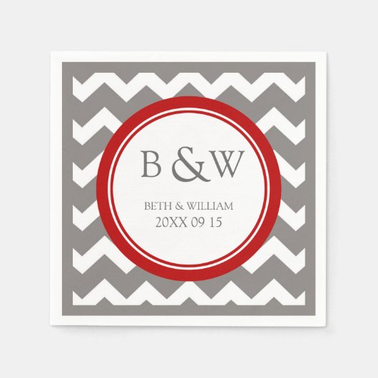 Aangepaste Monogram Trouwservet Rood Grijs Chevron Servetten (Voorkant)