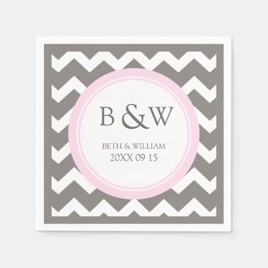 Aangepaste Monogram Trouwservet Roze Grijs Chevron Servetten (Voorkant)