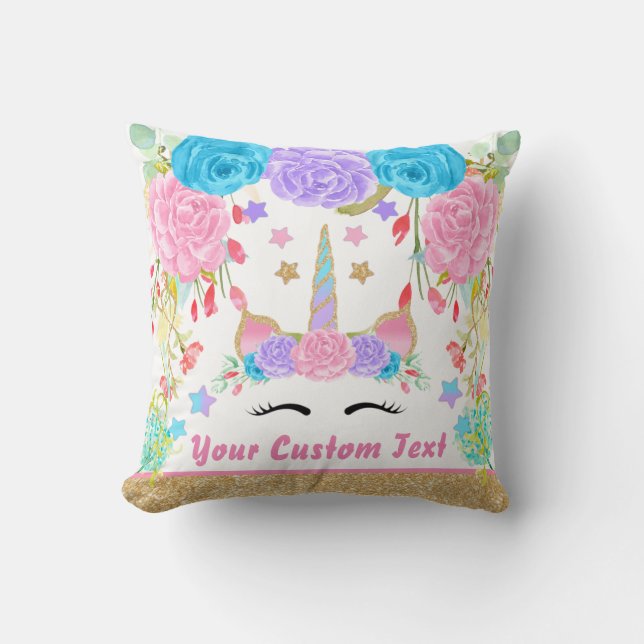 Aangepaste monogram Unicorn Waterverf bloem Kussen (Voorkant)