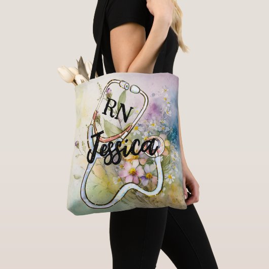 Aangepaste monogram urse Floral Stethoscoop Tote Bag (Dichtbij)