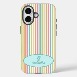 Aangepaste Monogram Vrolijke Pastelstrepen iPhone 16 Hoesje