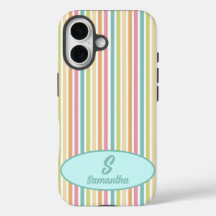 Aangepaste Monogram Vrolijke Pastelstrepen iPhone 16 Hoesje
