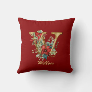 Aangepaste  Monogram W Christmas Red Gold Throw Kussen