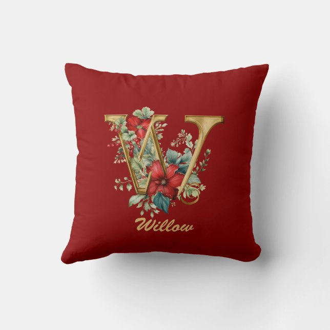 Aangepaste  Monogram W Christmas Red Gold Throw Kussen (Achterkant)