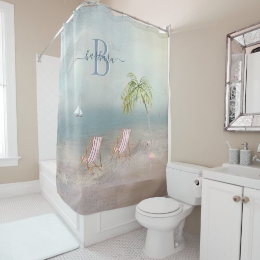 Aangepaste monogram Waterverf Beach Scene Douchegordijn (In situ)