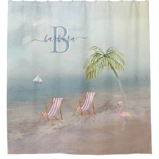 Aangepaste monogram Waterverf Beach Scene Douchegordijn (Voorkant)