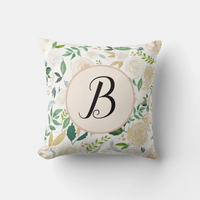 Aangepaste monogram Waterverf Groene Ivy Floral Bl Kussen (Voorkant)