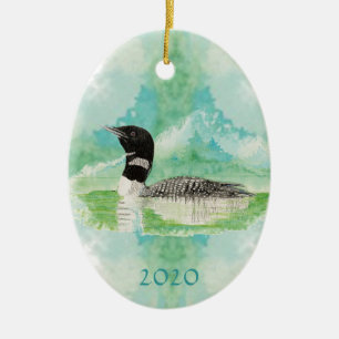 Aangepaste monogram Waterverf Loon Bird Keramisch Ornament