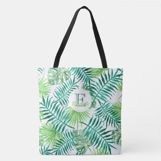 Aangepaste monogram, waterverf tropische palmblade tote bag (Voorkant)