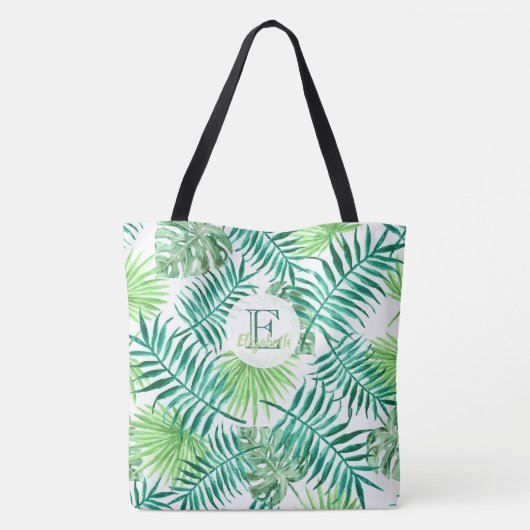 Aangepaste monogram, waterverf tropische palmblade tote bag (Achterkant)