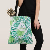 Aangepaste monogram, waterverf tropische palmblade tote bag (Dichtbij)