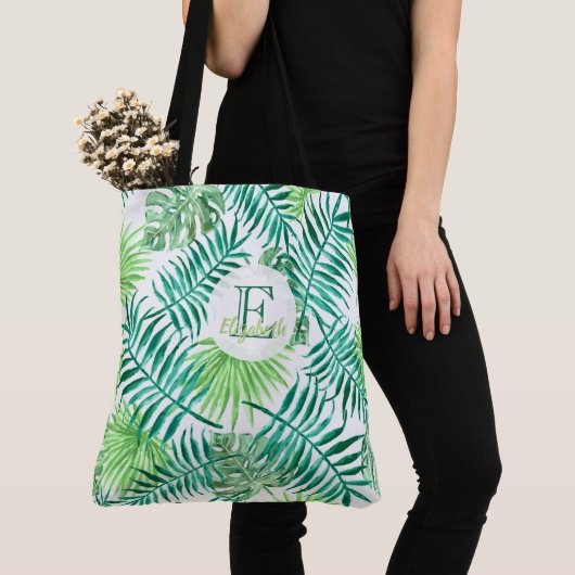 Aangepaste monogram, waterverf tropische palmblade tote bag (Dichtbij)