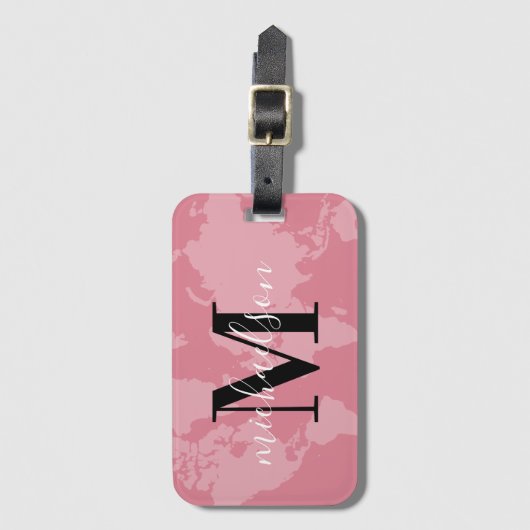 Aangepaste monogram wereldreisroze kaart bagagelabel (Voorkant (verticaal))