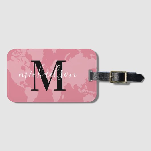Aangepaste monogram wereldreisroze kaart bagagelabel (Voorkant (horizontaal))