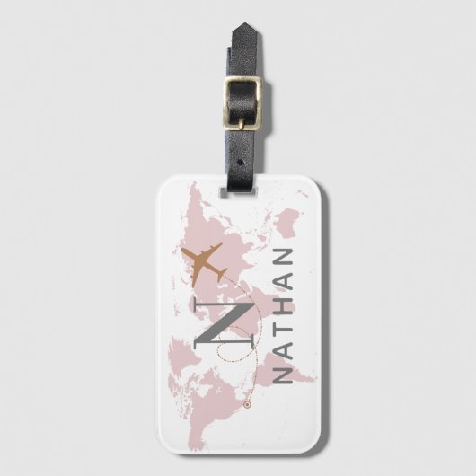 Aangepaste monogram wereldreisroze kaart bagagelabel (Voorkant (verticaal))