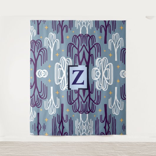 Aangepaste monogram Wilgboom blauwe wandtapijt Wandkleed (Voorkant)