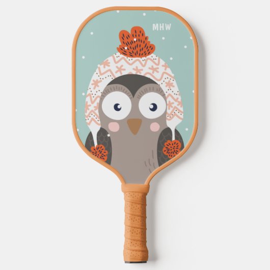 Aangepaste monogram Winter Owl Pickleball Paddle (Voorkant)