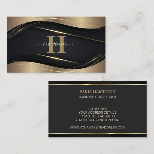 Aangepaste monogram zwart-wit en Gold Professional Visitekaartje (Voorkant / Achterkant)