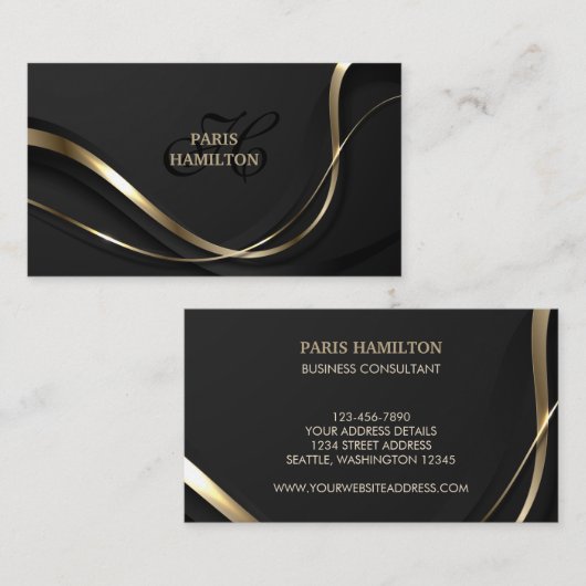 Aangepaste monogram zwart-wit & Gold Professional Visitekaartje (Voorkant / Achterkant)